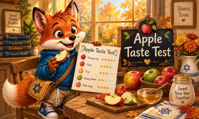 Fox holding an apple taste test scorecard