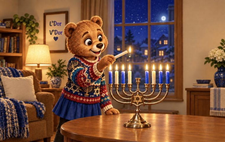 Miri the Bear lighting a menorah on Hanukkah