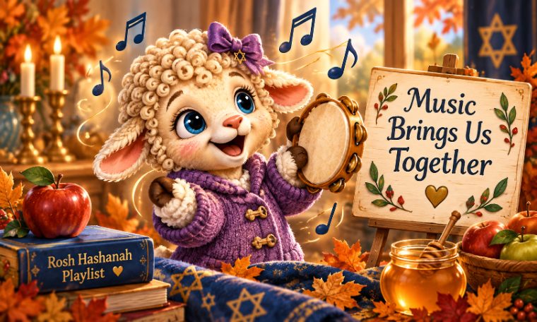Lamb playing a tambourine beside a Music Brings Us Together sign