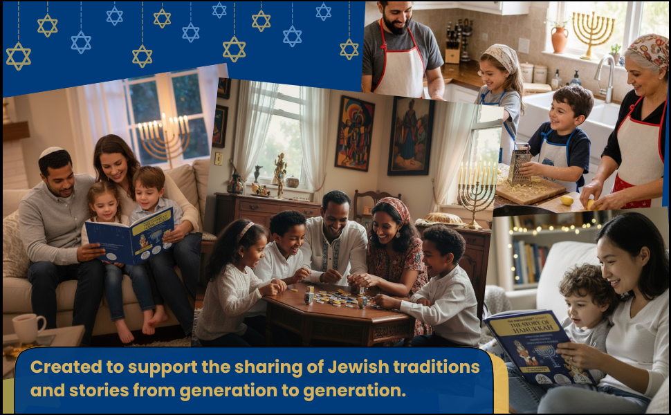 Diverse Jewish families celebrating Hanukkah, reading the Menschkins book, and playing dreidel