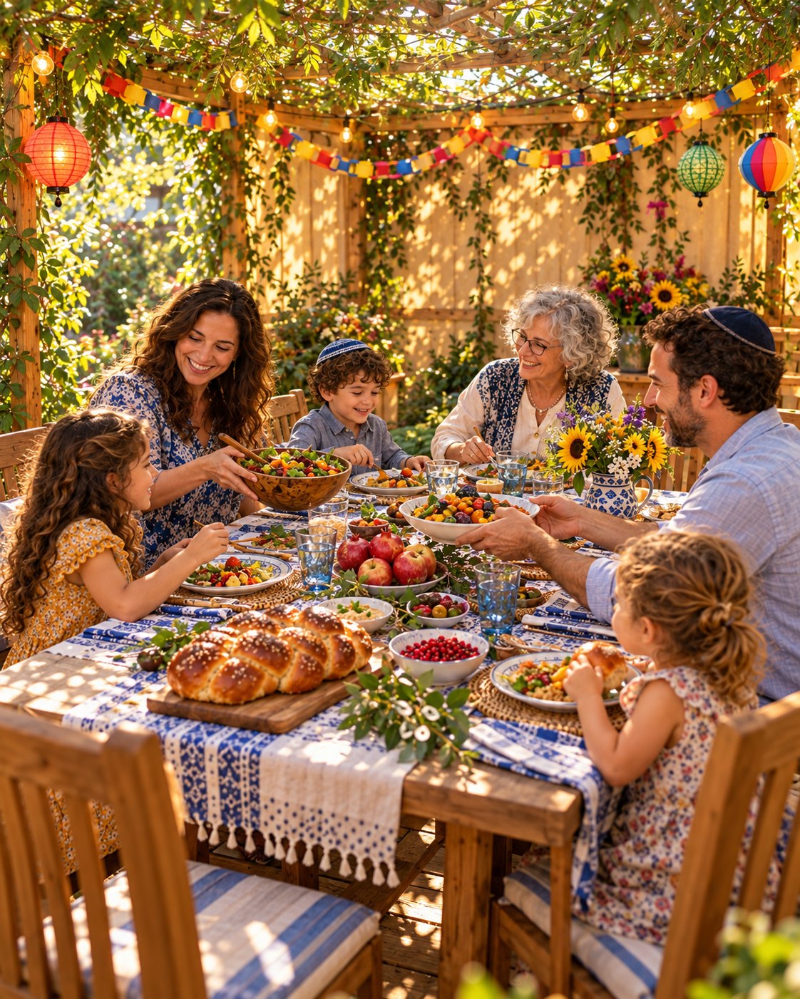 A multigenerational Jewish family shares a holiday meal with challah in a sunlit sukkah decorated with paper chains and lanterns