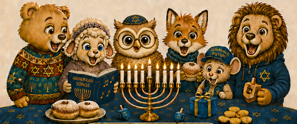 The six Menschkins gathered around a lit menorah with sufganiyot, dreidels and a Hanukkah songbook