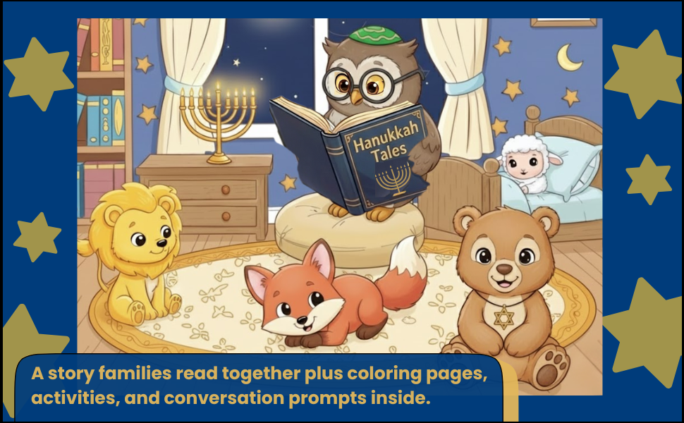 The Menschkins gathered for storytime as Saba reads the Hanukkah story