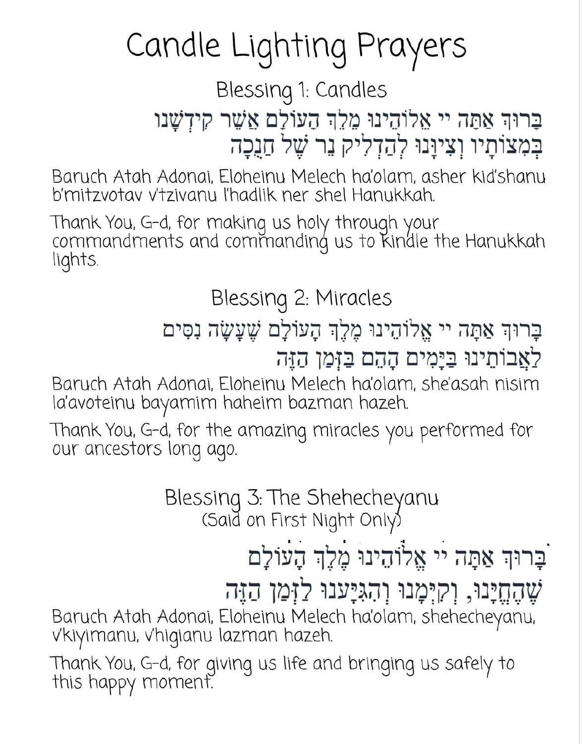 Candle lighting prayers in Hebrew, transliteration, and English