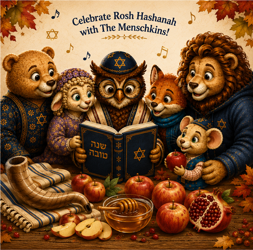 Celebrate Rosh Hashanah with The Menschkins — the six Menschkins gathered around a Shanah Tovah songbook with a shofar, apples, honey and pomegranates on the table