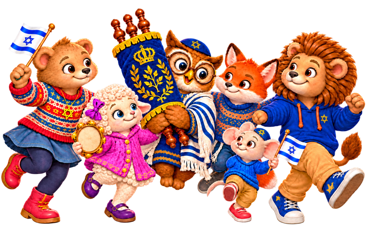 The Menschkins dance for Simchat Torah: Saba the owl carries the Torah scroll while Miri and Natan wave Israeli flags and Lila plays a tambourine