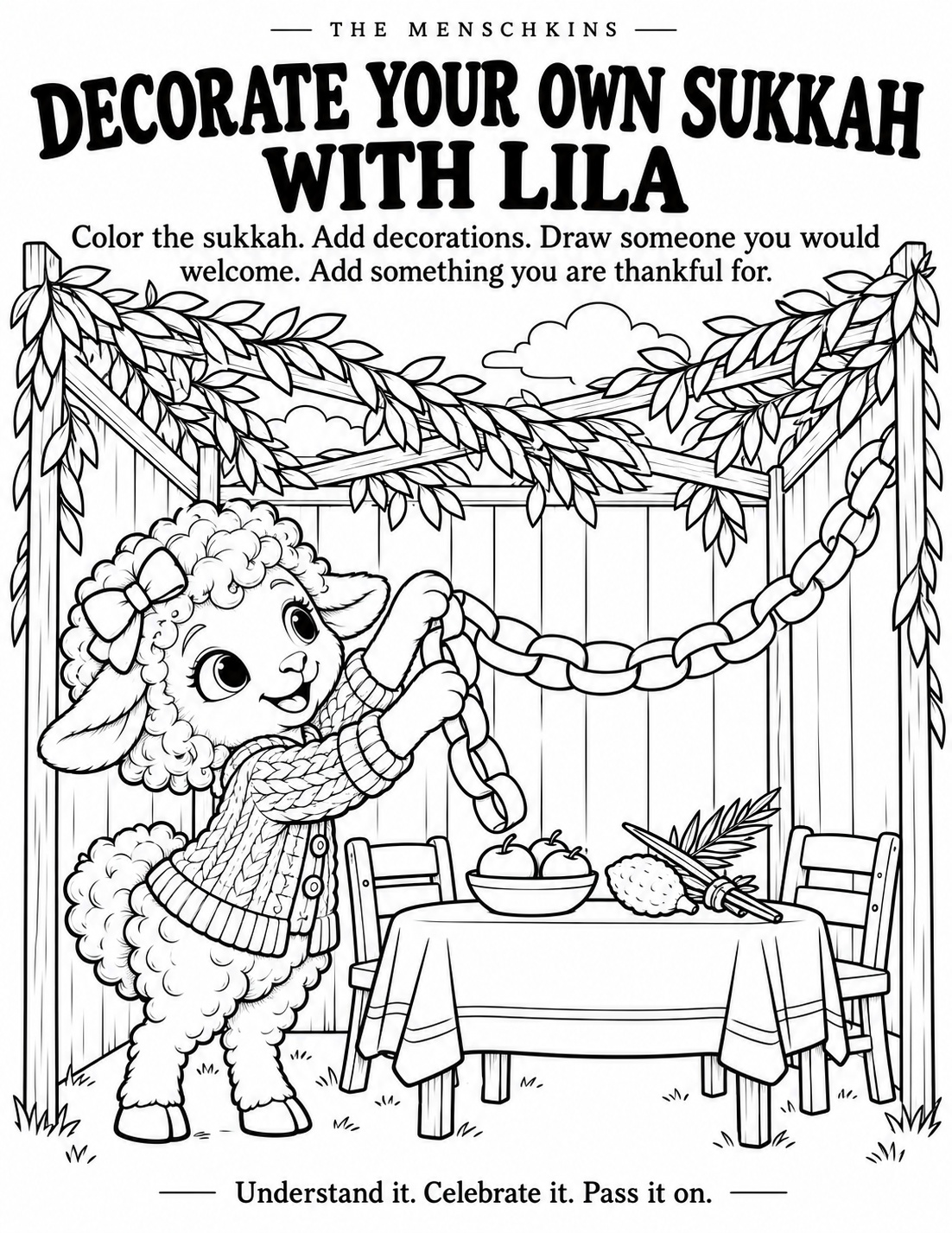 Coloring page: Decorate Your Own Sukkah with Lila. Lila the lamb hangs a paper chain in a sukkah with a table, apples, lulav and etrog.