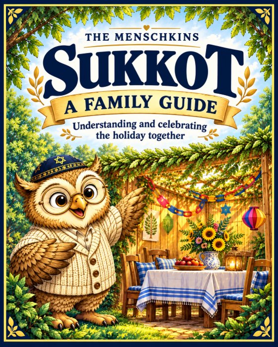 Sukkot: A Family Guide — Understanding and celebrating the holiday together, with Saba the owl beside a decorated sukkah