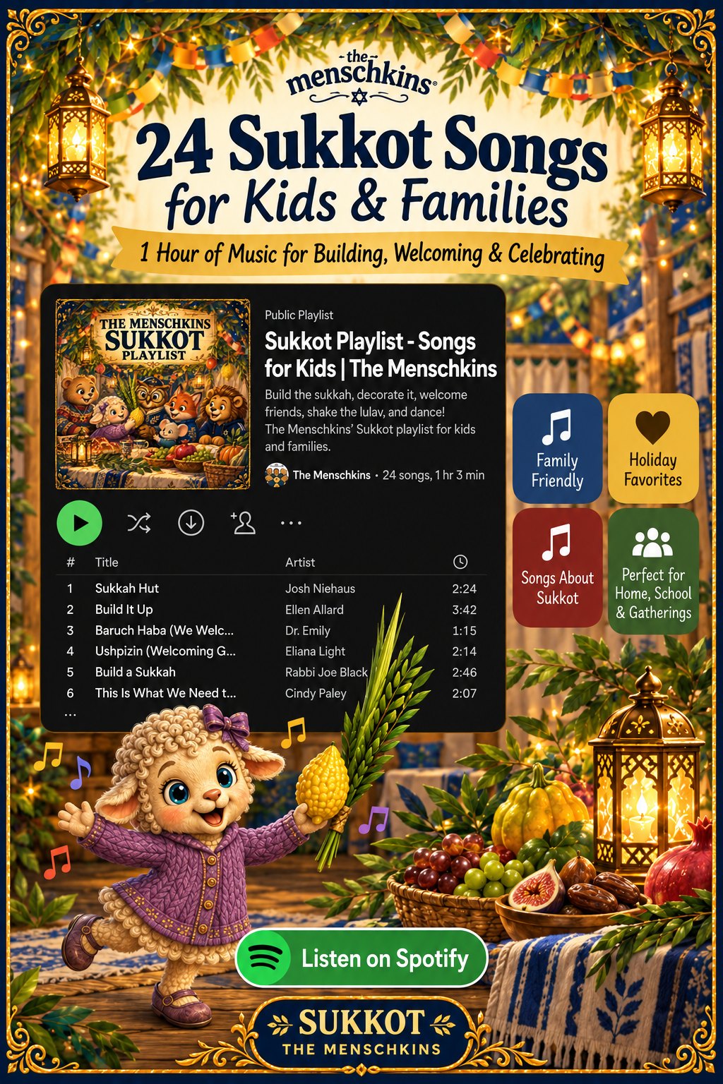 24 Sukkot Songs for Kids & Families — one hour of music for building, welcoming and celebrating, with Lila holding a lulav and etrog