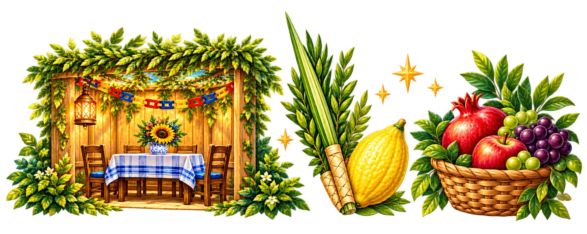 A sukkah decorated with leafy branches, a paper chain and a lantern; a lulav and etrog; and a basket of pomegranate, apple and grapes